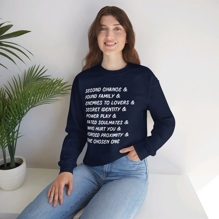 Slow Burn Publishing Sweatshirt Book Tropes List - Unisex Heavy Blend™ Crewneck Sweatshirt