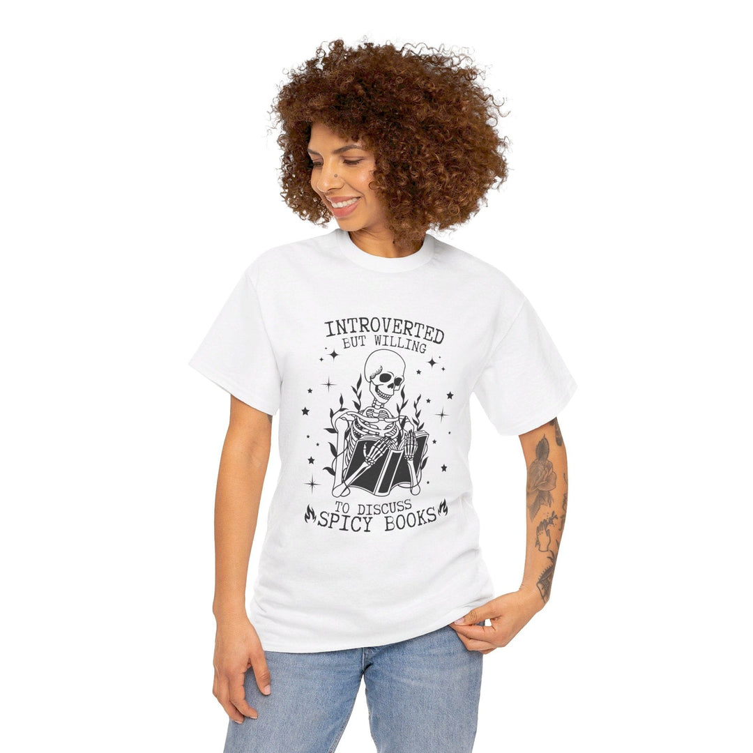 Slow Burn Publishing T-Shirt Introverted but willing to discuss spicy books - Unisex Heavy Cotton Tee