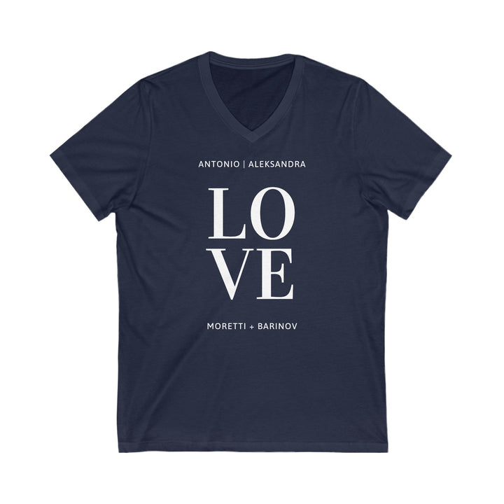 Slow Burn Publishing V-neck S / Navy Antonio Moretti and Aleksandra Barinov Love - Unisex Jersey Short Sleeve V-Neck Tee