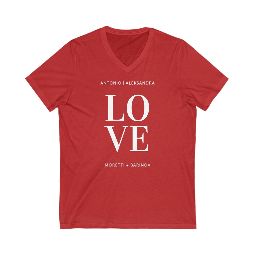 Slow Burn Publishing V-neck S / Red Antonio Moretti and Aleksandra Barinov Love - Unisex Jersey Short Sleeve V-Neck Tee