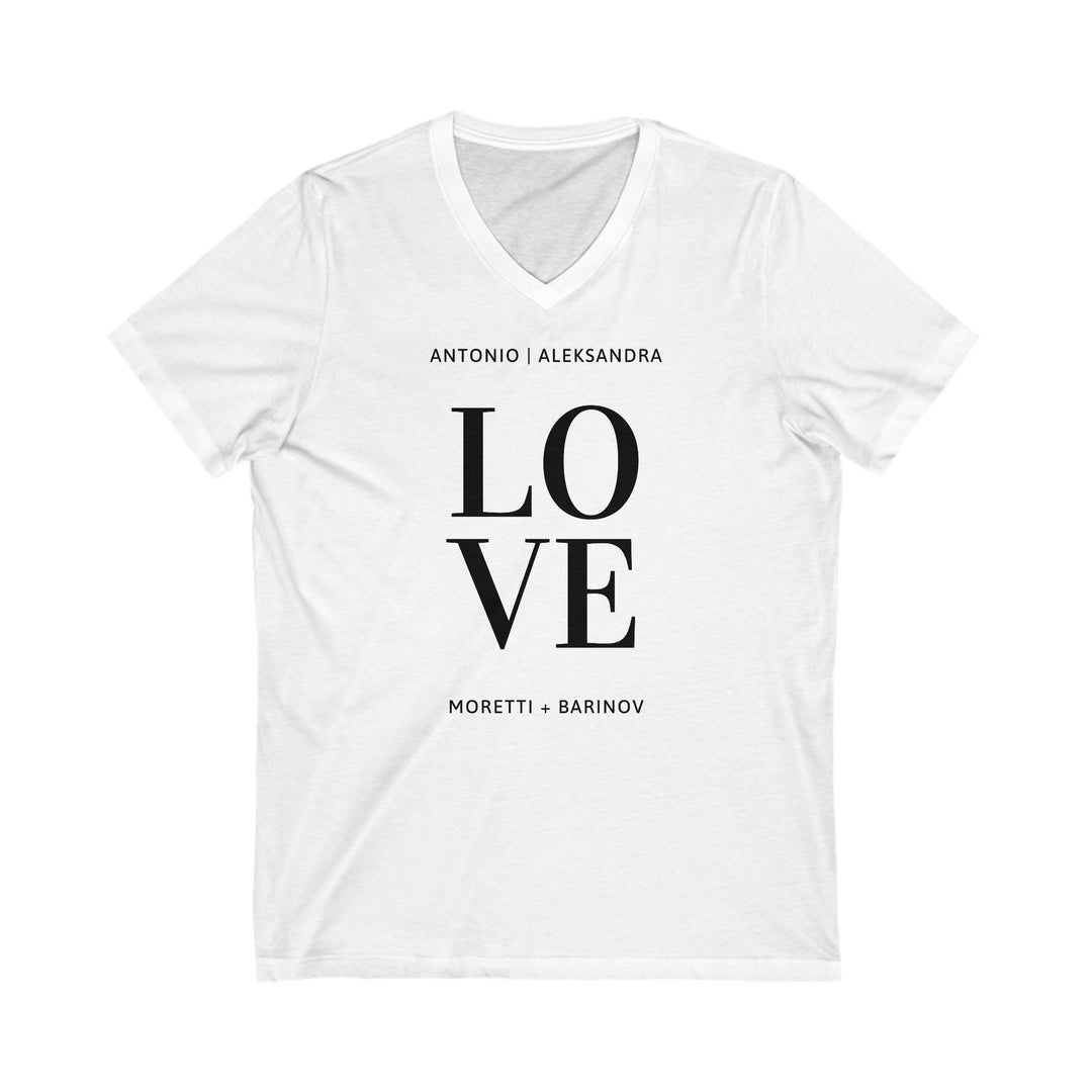 Slow Burn Publishing V-neck S / White Antonio Moretti and Aleksandra Barinov Love - Unisex Jersey Short Sleeve V-Neck Tee